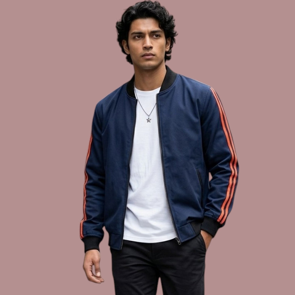 Navy Stripe Sleeve Bomber Jacket