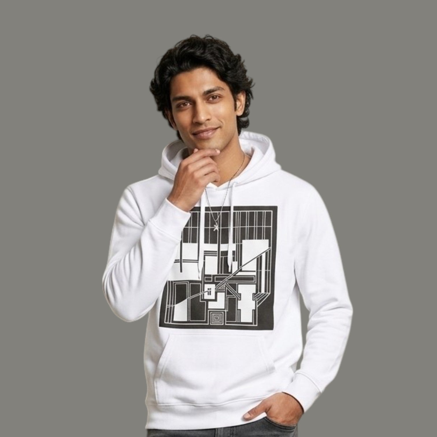Grid Blueprint Graphic White Hoodie