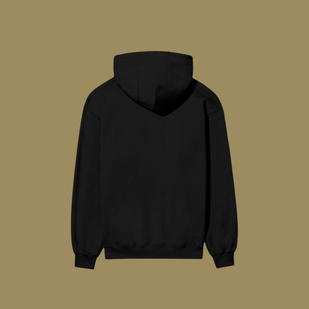 Back view of a plain black streetwear pullover hoodie, part of a Dan Da Dan anime-inspired apparel collection