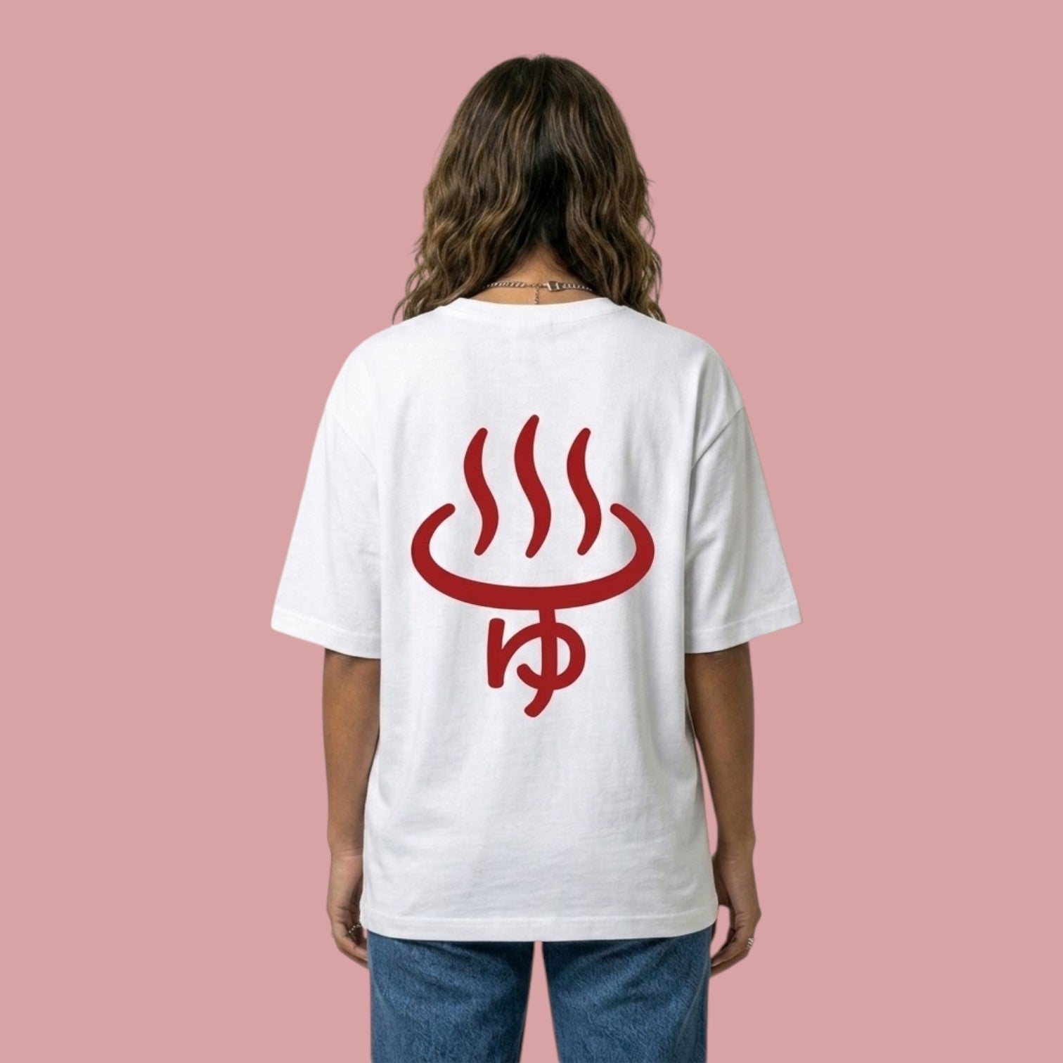 Back view of a female model wearing an oversized white Dan Da Dan anime-inspired t-shirt. The back of the shirt features a large red graphic of a Japanese hot spring symbol with the hiragana character 'yu' underneath.