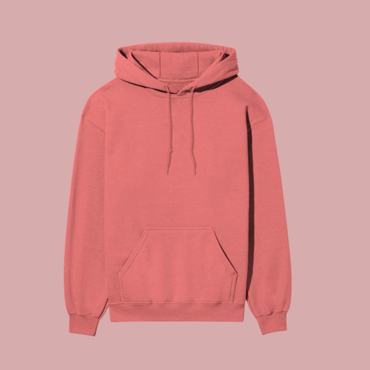 Product shot showing the front view of a plain, peach-colored pullover hoodie with a kangaroo pocket and drawstrings, part of a Dan Da Dan anime streetwear collection.
