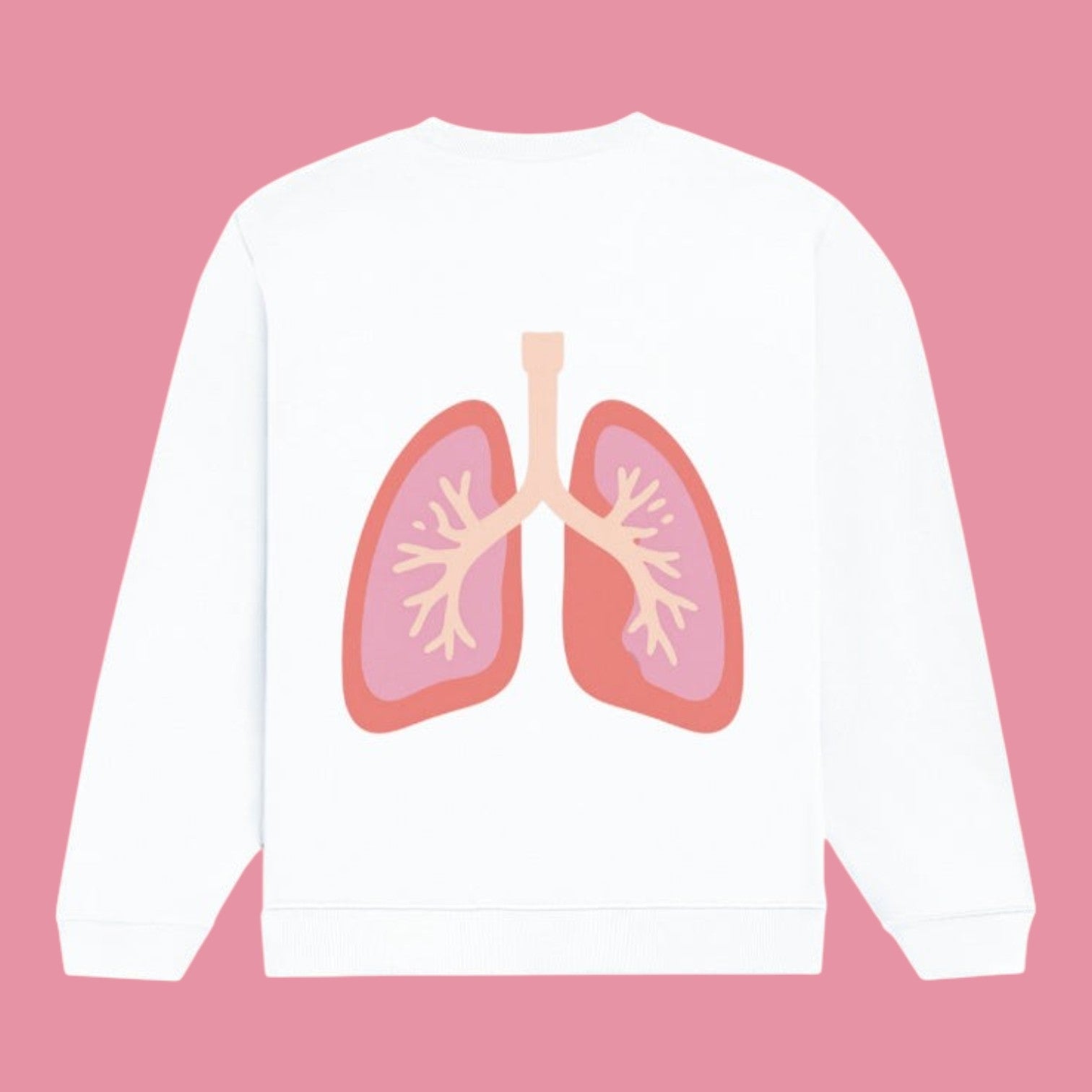 Flat product mockup showing the back of a white crewneck sweatshirt. The design features a stylized, pastel pink and red anatomical illustration of human lungs centered on the back.