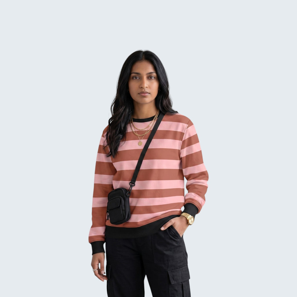 Fuzzy Stripe Print Crew Neck Sweatshirt