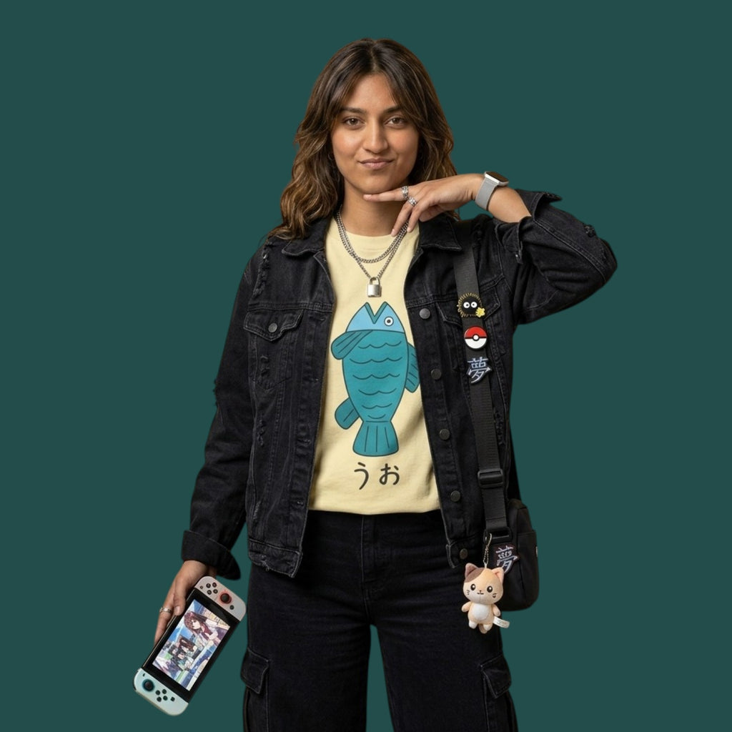 A female model wearing the yellow Dandadan Momo Ayase fish t-shirt, styled as streetwear with a black denim jacket, cargo pants, a crossbody bag with anime keychains, and holding a Nintendo Switch.