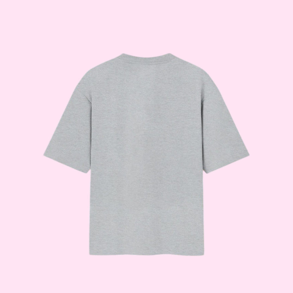 Back view of a plain, blank light grey oversized streetwear t-shirt inspired by Momo Ayase's outfit in the Dan Da Dan anime.
