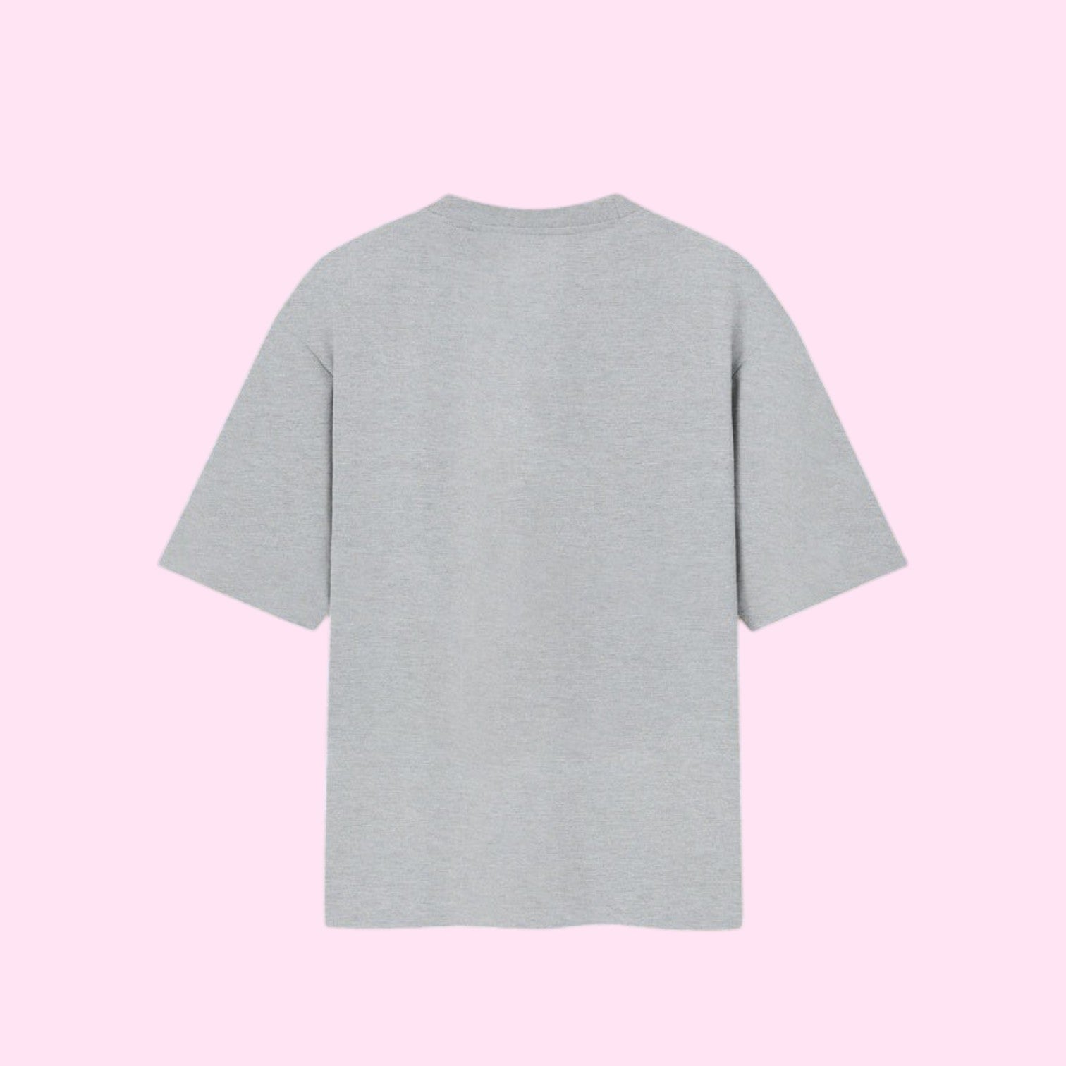 Back view of a plain, blank light grey oversized streetwear t-shirt inspired by Momo Ayase's outfit in the Dan Da Dan anime.