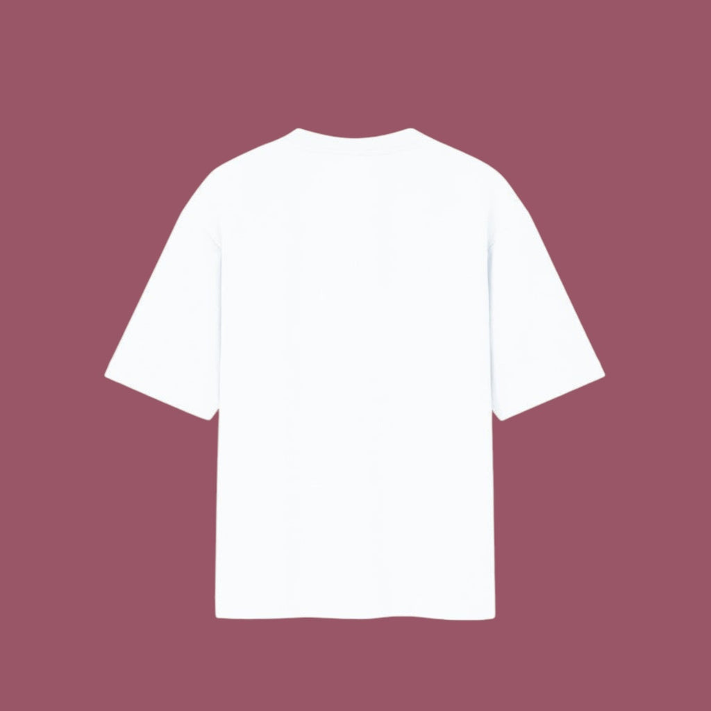 Flat-lay mockup of the back of a blank, oversized white t-shirt displayed against a solid mauve background