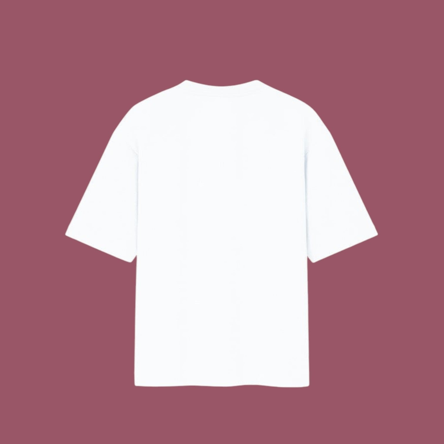 Flat-lay mockup of the back of a blank, oversized white t-shirt displayed against a solid mauve background